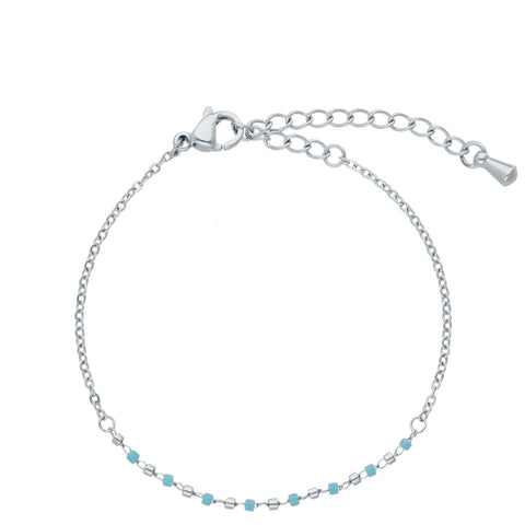 BRACELET CHAINE PERLES COLORÉE ARGENTE BLEU CANARD