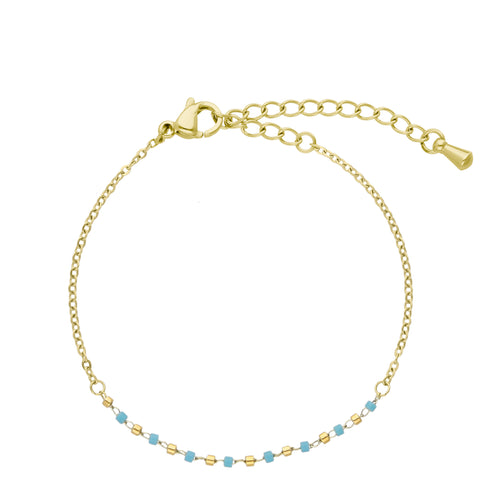 BRACELET CHAINE PERLES COLORÉE DORE BLEU CANARD